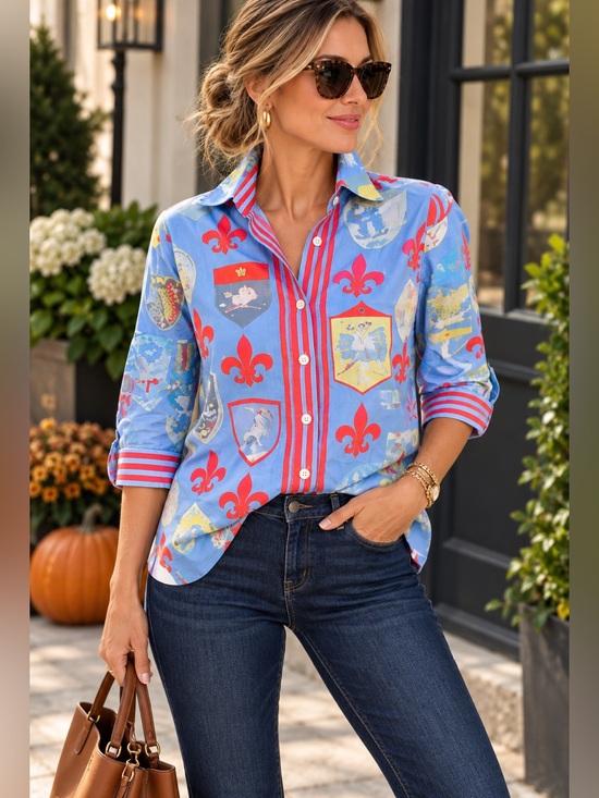 Gretchen Scott Designs Tops - Gretchen Scott Siena Fleur de Lis Crest Cotton Boyfriend Shirt Small